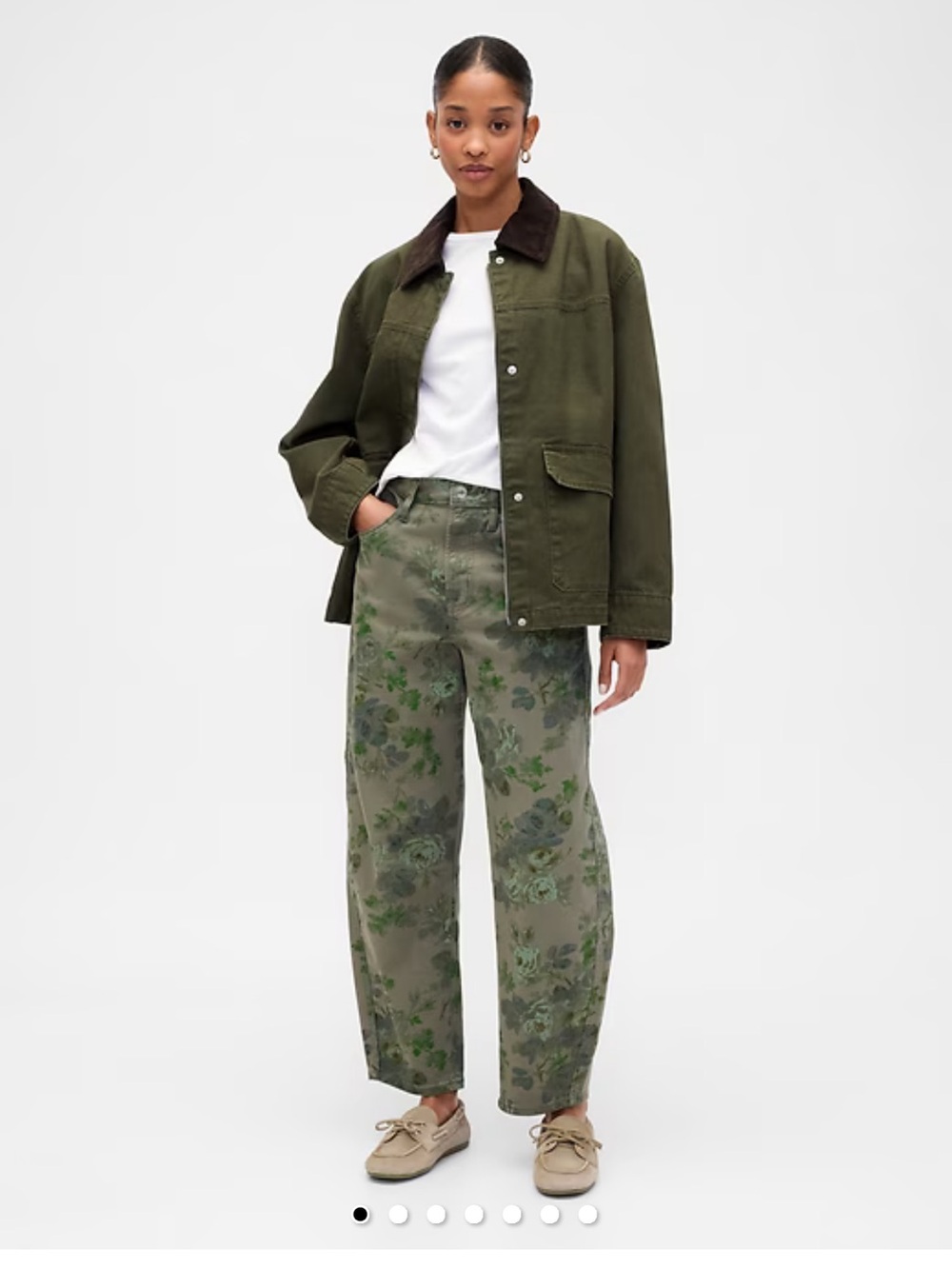 GAP Factory Olive Green Floral-Print Barrel Leg Jeans